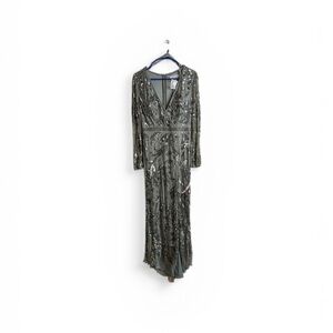 Mac Duggal Womens 6 Gray Sequins Jeweled Faux Wrap Maxi Gown Ball Dress NWT 6151